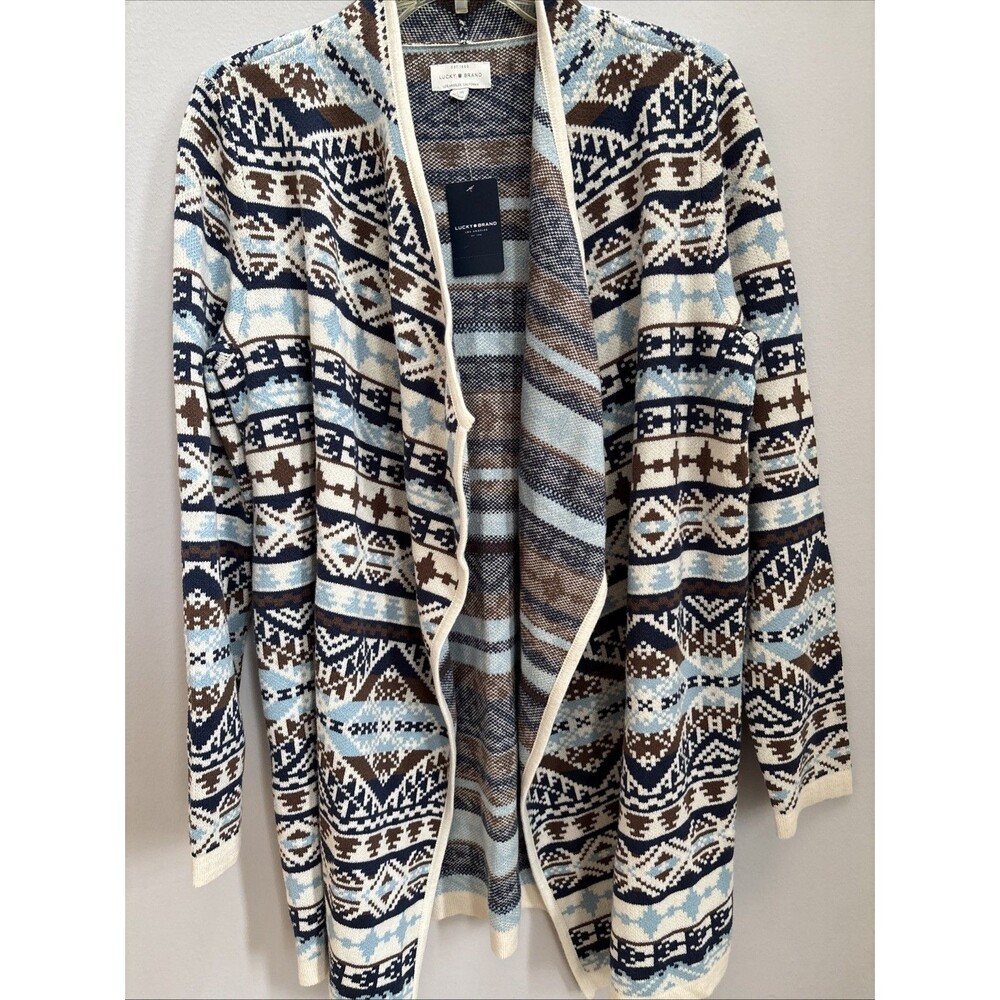 NWT Lucky Aztec Geometric Y2K Cardigan Sweater Open Front Blue Brown Ivory SzL